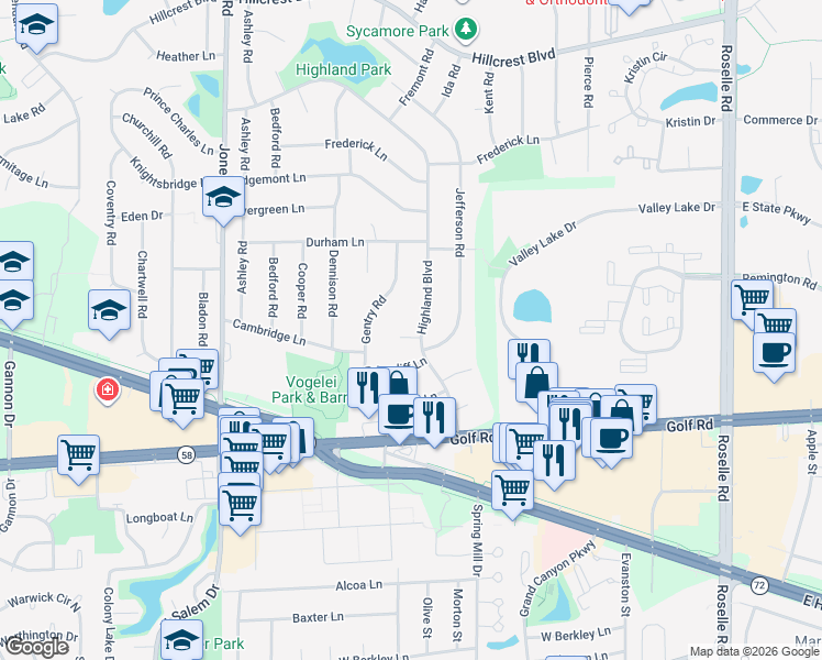 map of restaurants, bars, coffee shops, grocery stores, and more near 1400 Highland Boulevard in Hoffman Estates