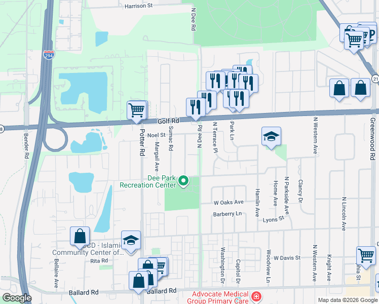map of restaurants, bars, coffee shops, grocery stores, and more near 9500 Dee Road in Des Plaines
