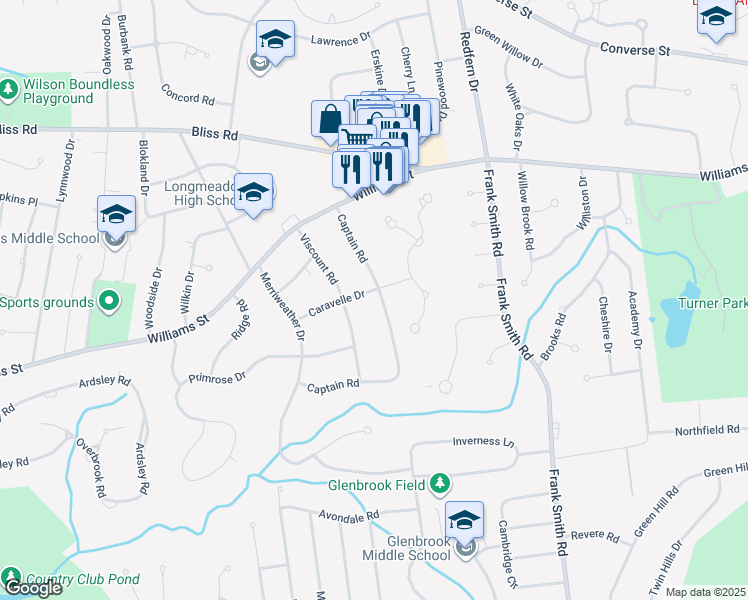 map of restaurants, bars, coffee shops, grocery stores, and more near 214 Captain Road in Longmeadow