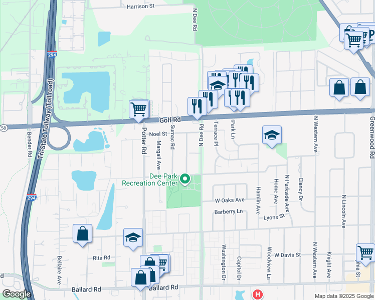 map of restaurants, bars, coffee shops, grocery stores, and more near 9515 Sumac Road in Des Plaines