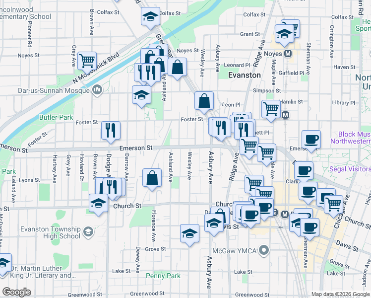 map of restaurants, bars, coffee shops, grocery stores, and more near 1503 Emerson Street in Evanston