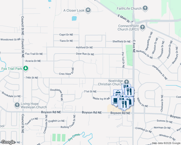 map of restaurants, bars, coffee shops, grocery stores, and more near 880 74th Street Northeast in Cedar Rapids