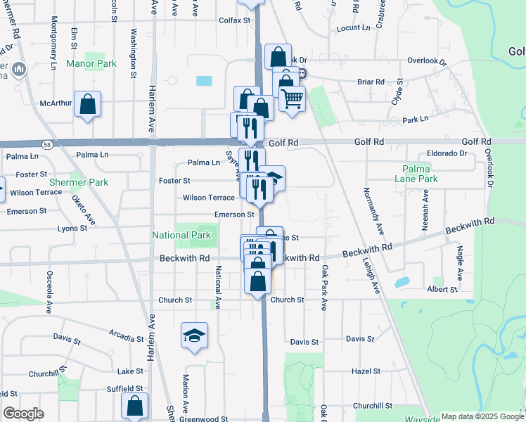 map of restaurants, bars, coffee shops, grocery stores, and more near 9401 Waukegan Road in Morton Grove