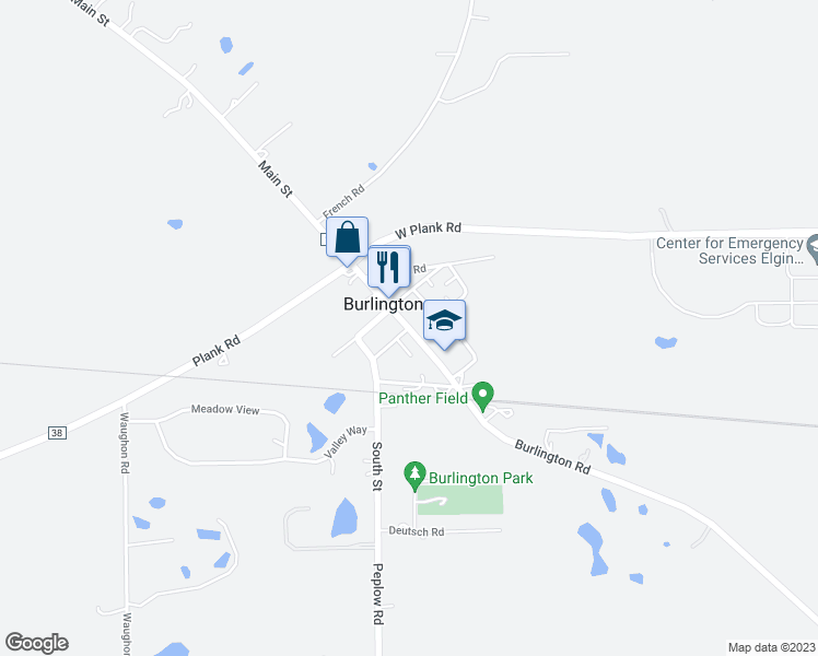 map of restaurants, bars, coffee shops, grocery stores, and more near 125 S Main St in Burlington