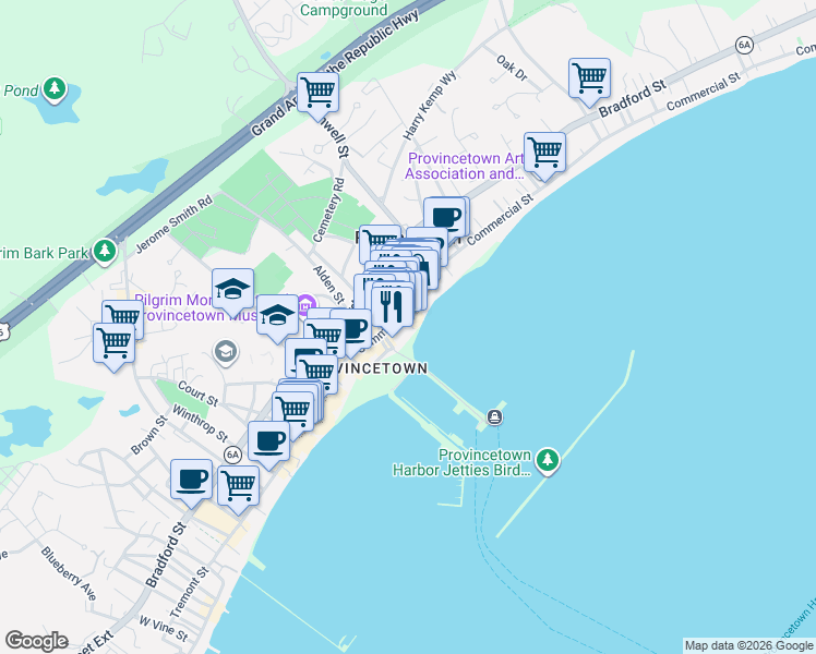 map of restaurants, bars, coffee shops, grocery stores, and more near in Provincetown
