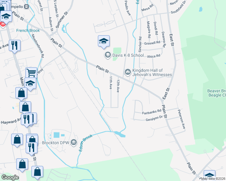 map of restaurants, bars, coffee shops, grocery stores, and more near 31 11th Avenue in Brockton