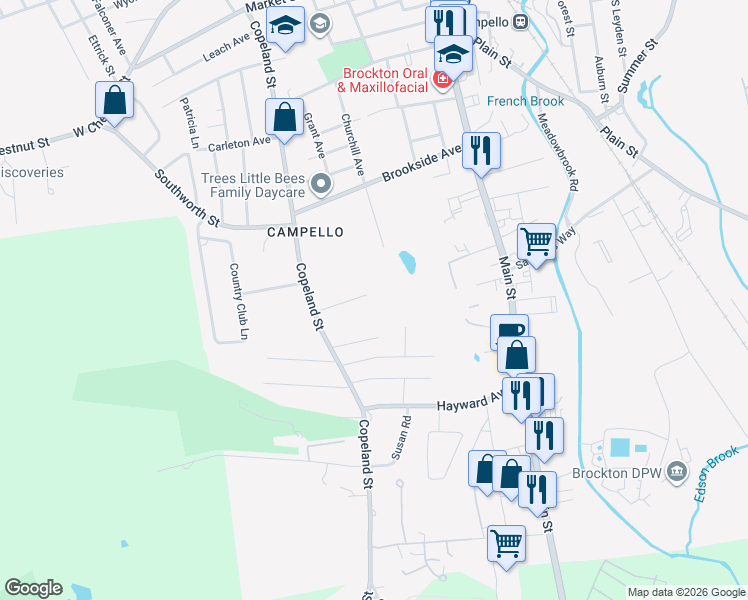 map of restaurants, bars, coffee shops, grocery stores, and more near 58 Lawson Terrace in Brockton