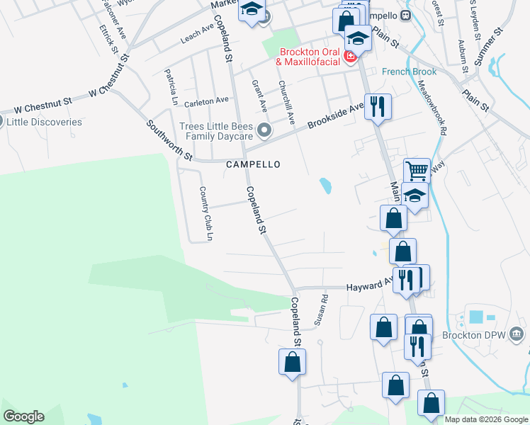 map of restaurants, bars, coffee shops, grocery stores, and more near 24 Lawson Terrace in Brockton
