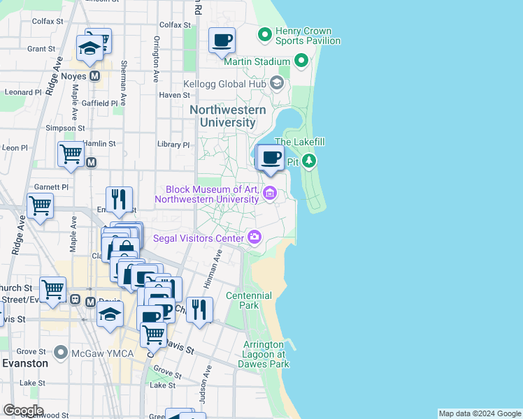 map of restaurants, bars, coffee shops, grocery stores, and more near 1999 Campus Drive in Evanston