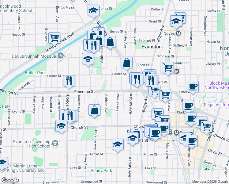map of restaurants, bars, coffee shops, grocery stores, and more near 1503 Emerson Street in Evanston
