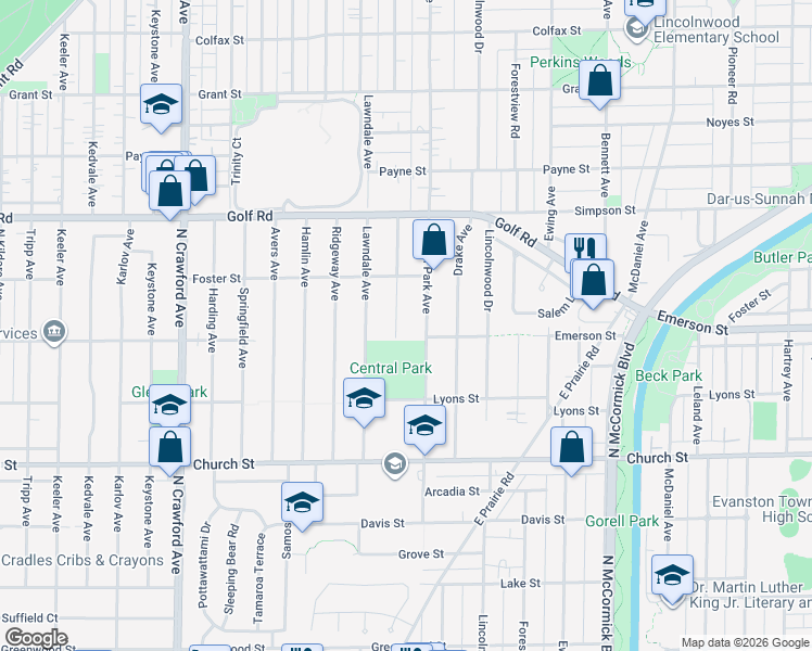 map of restaurants, bars, coffee shops, grocery stores, and more near 9419 Monticello Avenue in Evanston