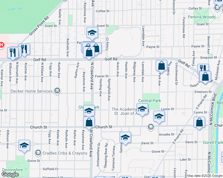 map of restaurants, bars, coffee shops, grocery stores, and more near 9432 Avers Avenue in Evanston
