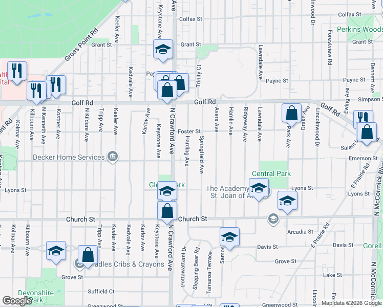 map of restaurants, bars, coffee shops, grocery stores, and more near 9425 Harding Avenue in Evanston