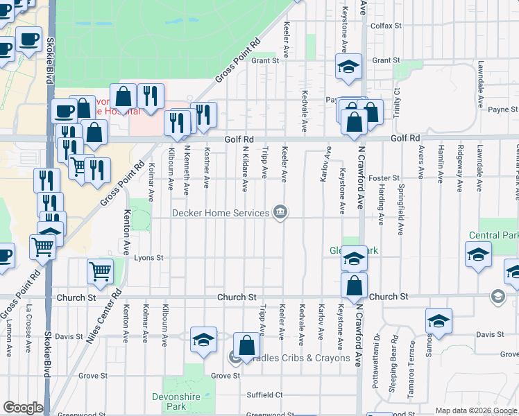 map of restaurants, bars, coffee shops, grocery stores, and more near 9429 Tripp Avenue in Skokie