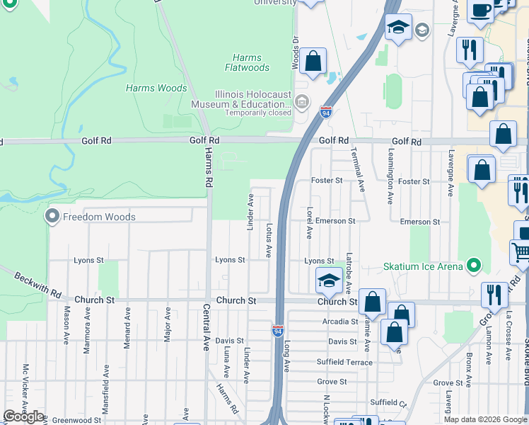 map of restaurants, bars, coffee shops, grocery stores, and more near 9433 Linder Avenue in Skokie