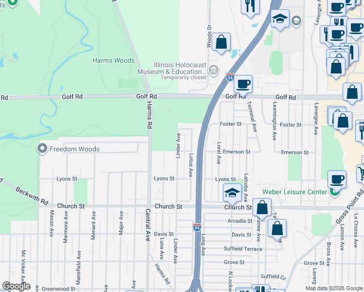 map of restaurants, bars, coffee shops, grocery stores, and more near 9433 Linder Avenue in Skokie