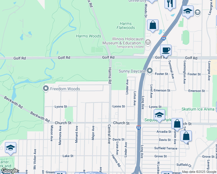 map of restaurants, bars, coffee shops, grocery stores, and more near 5604 Capri Lane in Morton Grove