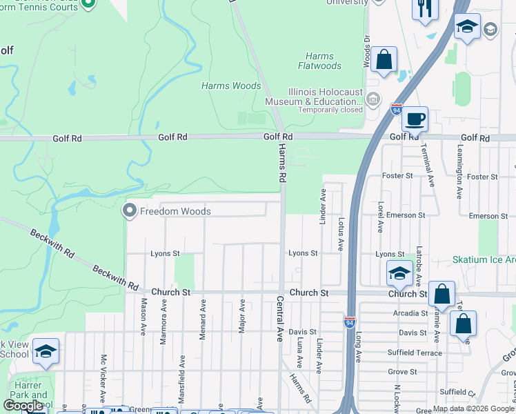 map of restaurants, bars, coffee shops, grocery stores, and more near 5634 Capri Lane in Morton Grove