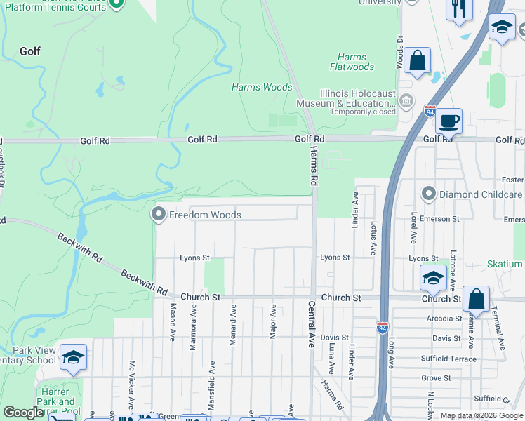 map of restaurants, bars, coffee shops, grocery stores, and more near 5718 Capri Lane in Morton Grove