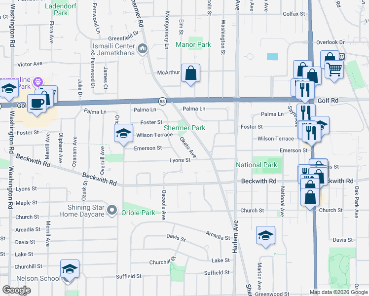 map of restaurants, bars, coffee shops, grocery stores, and more near 9405 Oketo Avenue in Morton Grove
