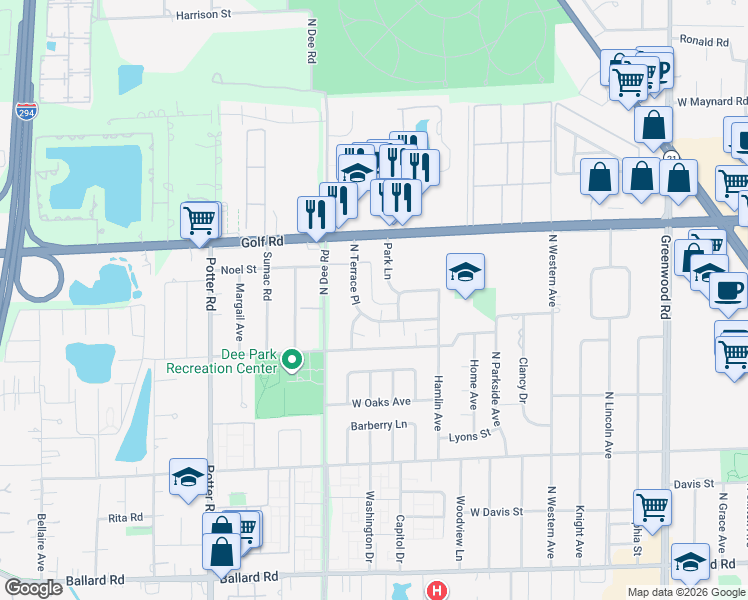 map of restaurants, bars, coffee shops, grocery stores, and more near 9519 Terrace Place in Des Plaines