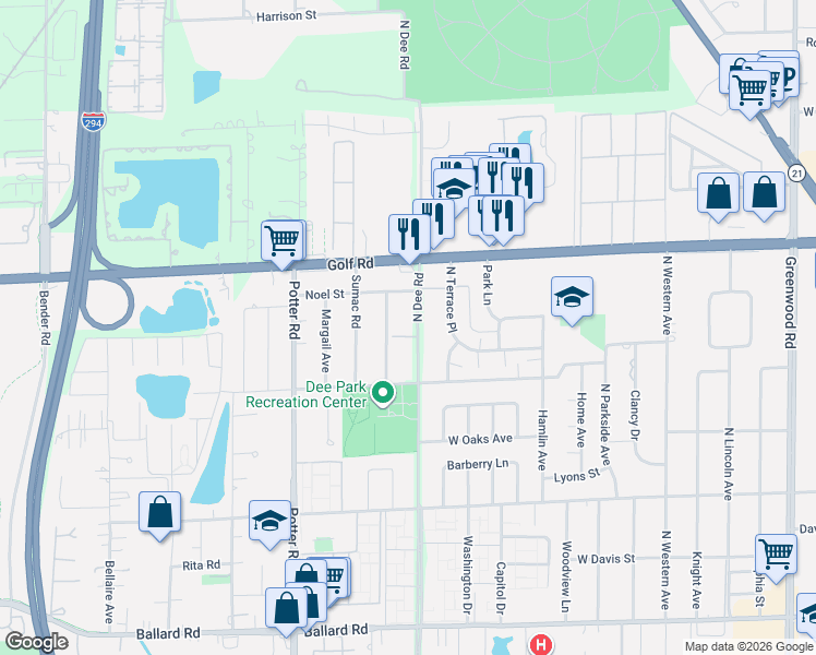map of restaurants, bars, coffee shops, grocery stores, and more near 9561 Dee Road in Des Plaines