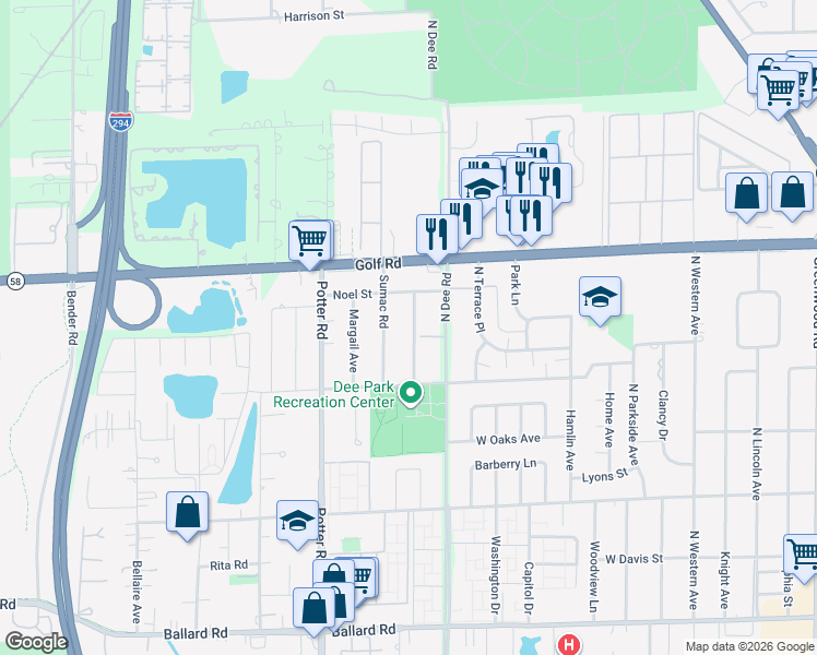 map of restaurants, bars, coffee shops, grocery stores, and more near 9515 Sumac Road in Des Plaines