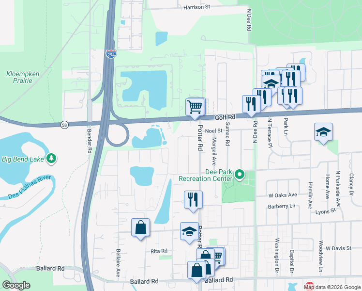 map of restaurants, bars, coffee shops, grocery stores, and more near 9453 Noel Street in Des Plaines