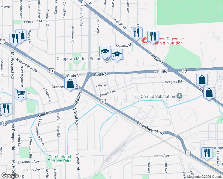 map of restaurants, bars, coffee shops, grocery stores, and more near 39 North 7th Avenue in Des Plaines