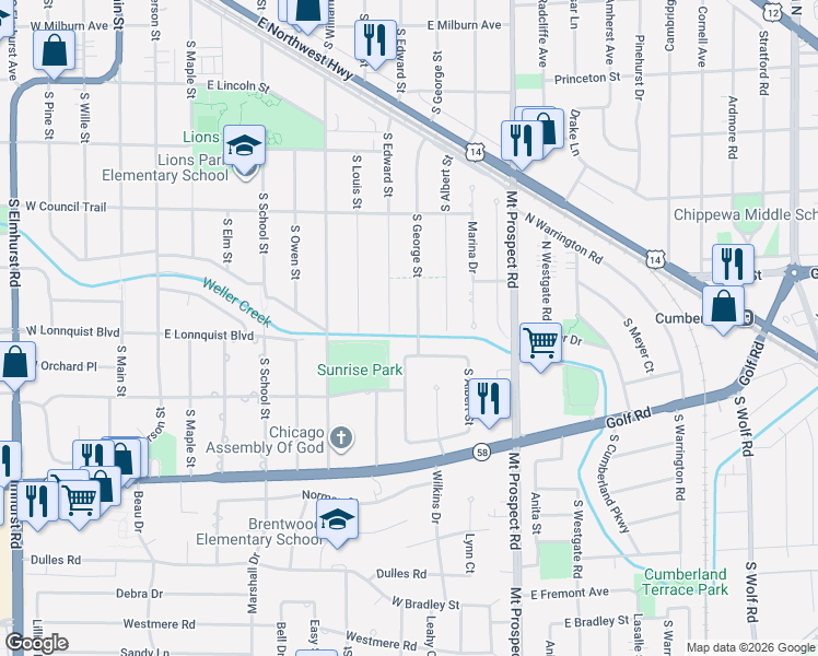 map of restaurants, bars, coffee shops, grocery stores, and more near 628 South George Street in Mount Prospect