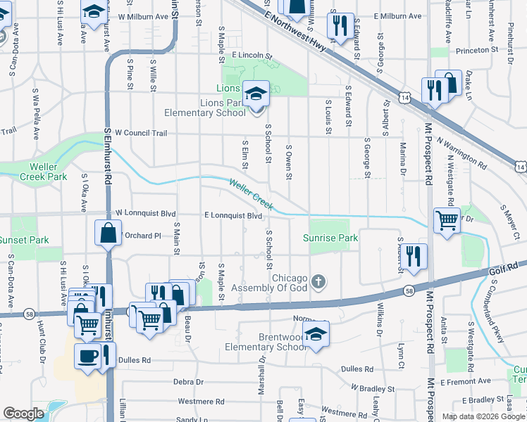 map of restaurants, bars, coffee shops, grocery stores, and more near 310 East Hiawatha Trail in Mount Prospect