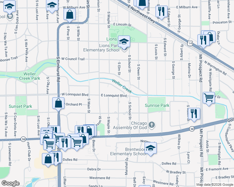 map of restaurants, bars, coffee shops, grocery stores, and more near 301 East Hiawatha Trail in Mount Prospect