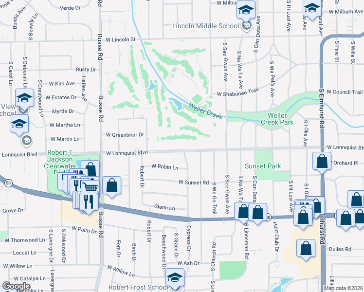 map of restaurants, bars, coffee shops, grocery stores, and more near 1102 West Lonnquist Boulevard in Mount Prospect