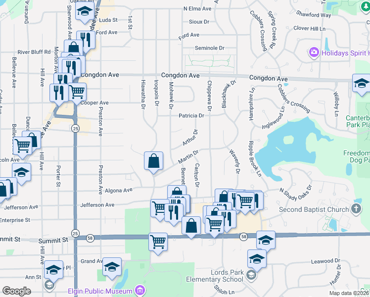 map of restaurants, bars, coffee shops, grocery stores, and more near 868 Arthur Drive in Elgin