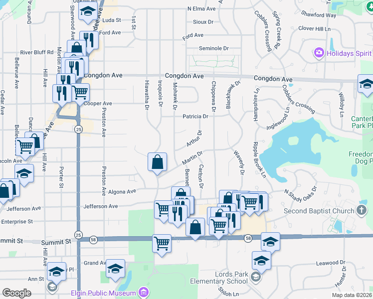 map of restaurants, bars, coffee shops, grocery stores, and more near 868 Arthur Drive in Elgin