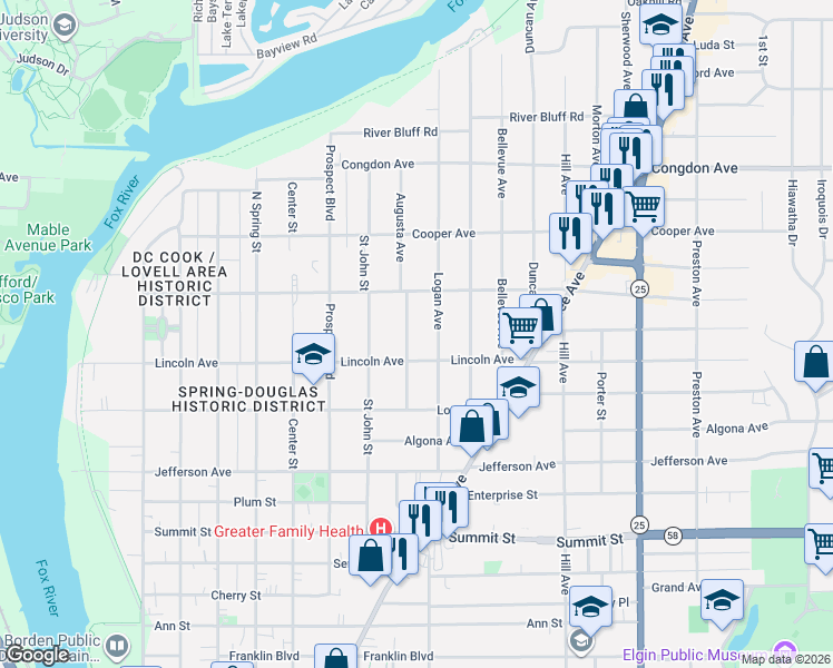 map of restaurants, bars, coffee shops, grocery stores, and more near 839 Augusta Avenue in Elgin