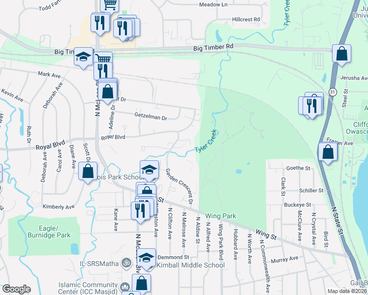 map of restaurants, bars, coffee shops, grocery stores, and more near 14 Kensington Loop in Elgin