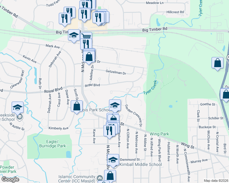 map of restaurants, bars, coffee shops, grocery stores, and more near 1365 Royal Boulevard in Elgin