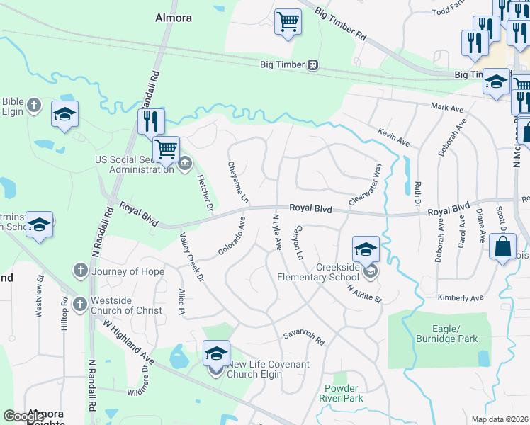 map of restaurants, bars, coffee shops, grocery stores, and more near 2160 Royal Boulevard in Elgin