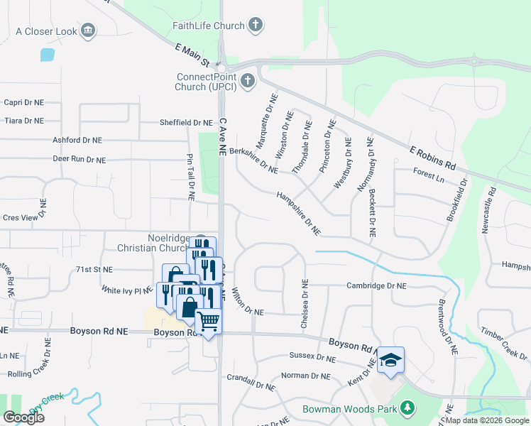 map of restaurants, bars, coffee shops, grocery stores, and more near 7503 Hampshire Drive Northeast in Cedar Rapids