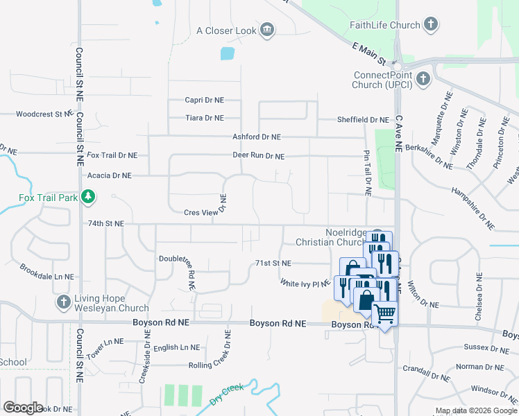 map of restaurants, bars, coffee shops, grocery stores, and more near 880 74th Street Northeast in Cedar Rapids