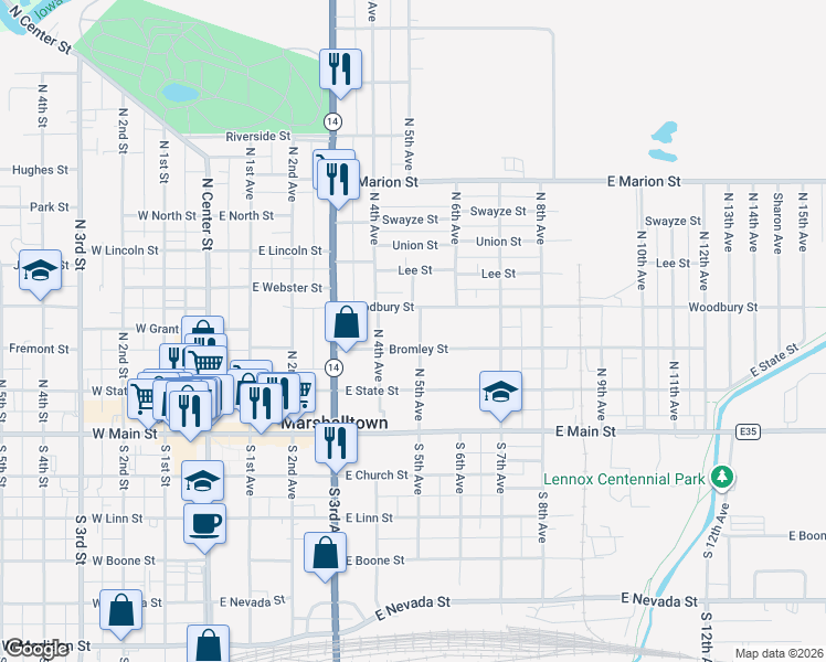 map of restaurants, bars, coffee shops, grocery stores, and more near 401-485 Woodbury St in Marshalltown