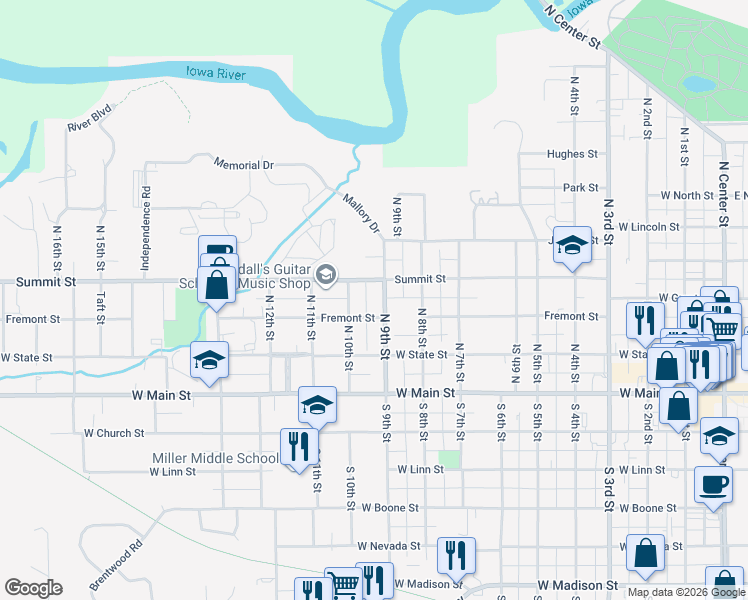 map of restaurants, bars, coffee shops, grocery stores, and more near 900 Summit Street in Marshalltown