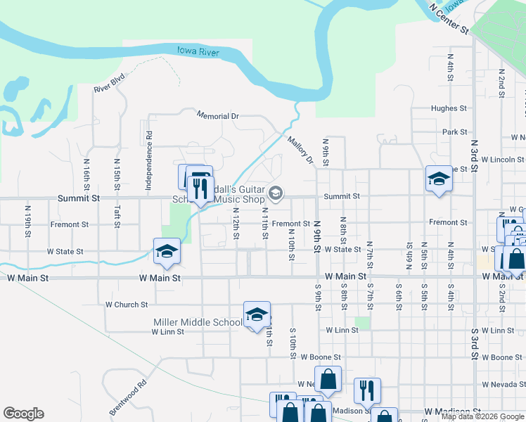 map of restaurants, bars, coffee shops, grocery stores, and more near 1106 Summit Street in Marshalltown