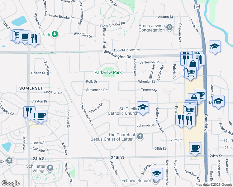 map of restaurants, bars, coffee shops, grocery stores, and more near 1624 Truman Drive in Ames