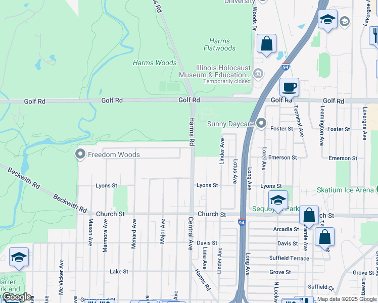 map of restaurants, bars, coffee shops, grocery stores, and more near 5604 Capri Lane in Morton Grove