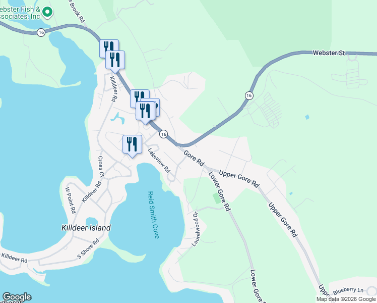 map of restaurants, bars, coffee shops, grocery stores, and more near 227 Gore Road in Webster