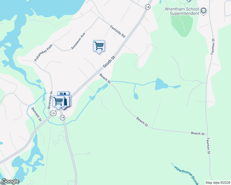 map of restaurants, bars, coffee shops, grocery stores, and more near 82 Beach Street in Wrentham