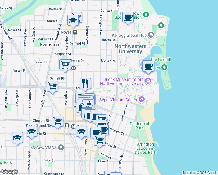 map of restaurants, bars, coffee shops, grocery stores, and more near 633 Emerson Street in Evanston