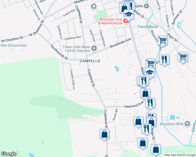 map of restaurants, bars, coffee shops, grocery stores, and more near 24 Lawson Terrace in Brockton